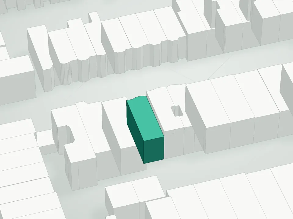 3D massing drawing of 220 Schaefer Street Condominium, 220 Schaefer Street, Brooklyn, and neighboring buildings