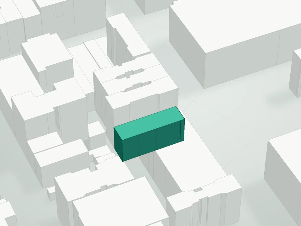 3D massing drawing of 256 East 4th Street Condominium, 256 East 4th Street, Manhattan, and neighboring buildings