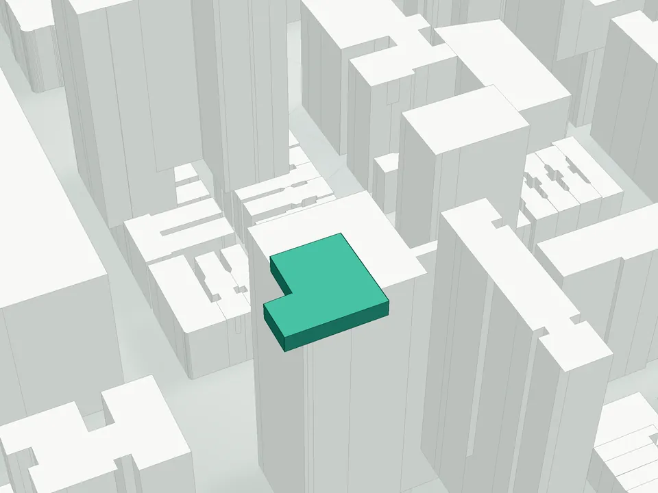3D massing drawing of 200 West 88th Street Condominium, 200 West 88th Street, Manhattan, and neighboring buildings