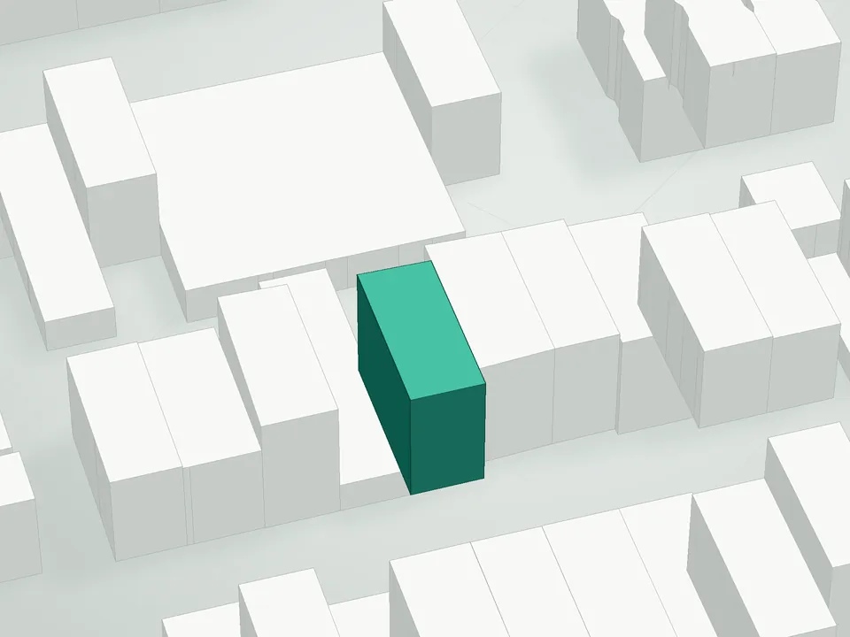 3D massing drawing of Gio, 299 Stockholm Street, Brooklyn, and neighboring buildings