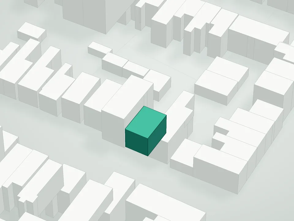 3D massing drawing of 117 Powers Street Condominium, 117 Powers Street, Brooklyn, and neighboring buildings