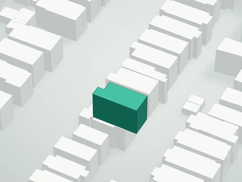 3D massing drawing of East 3rd Residence, 413 East 3rd St, Brooklyn, and neighboring buildings