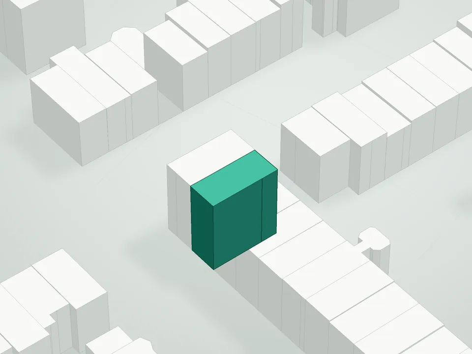 3D massing drawing of Prospect, 149 Prospect Place, Brooklyn, and neighboring buildings
