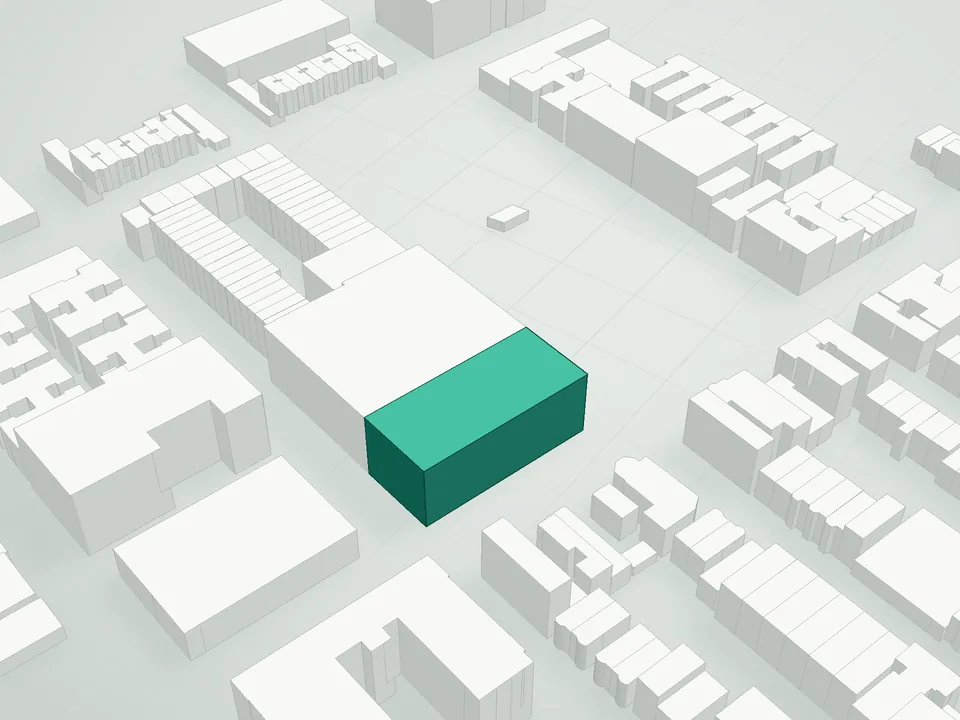 3D massing drawing of Loft 21 Condominium, 11-50 45th Road, Queens, and neighboring buildings