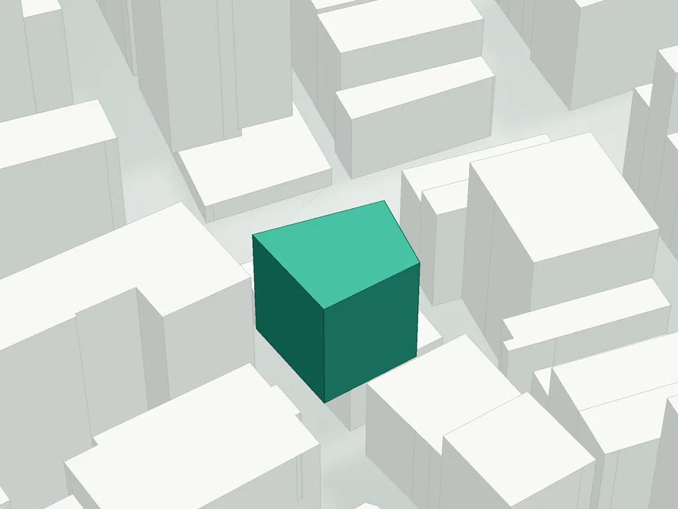 3D massing drawing of 43 Bleecker Street Condominium, 43 Bleecker Street, Manhattan, and neighboring buildings