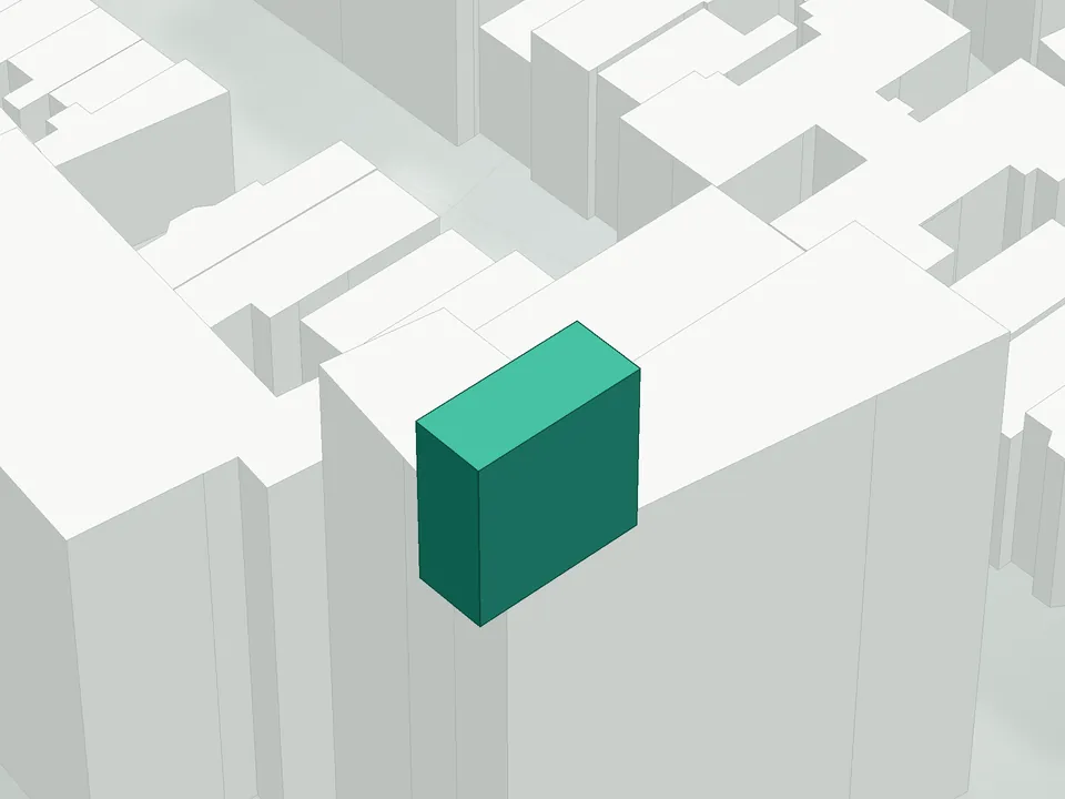 3D massing drawing of 138 Joralemon, 138 Joralemon Street, Brooklyn, and neighboring buildings