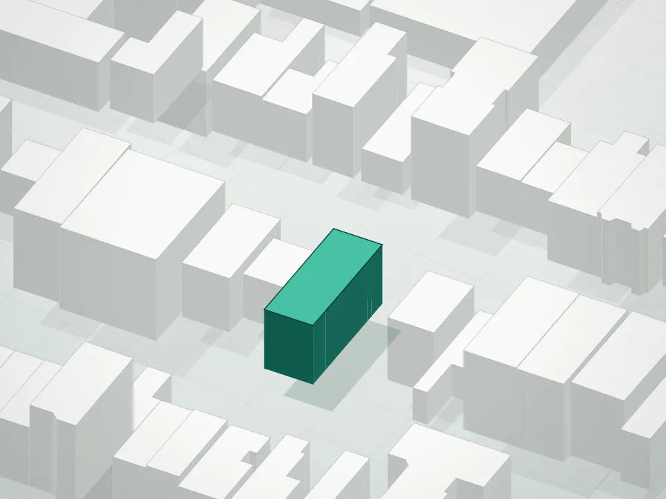 3D massing drawing of 112 Huron Street Condominium and neighboring buildings