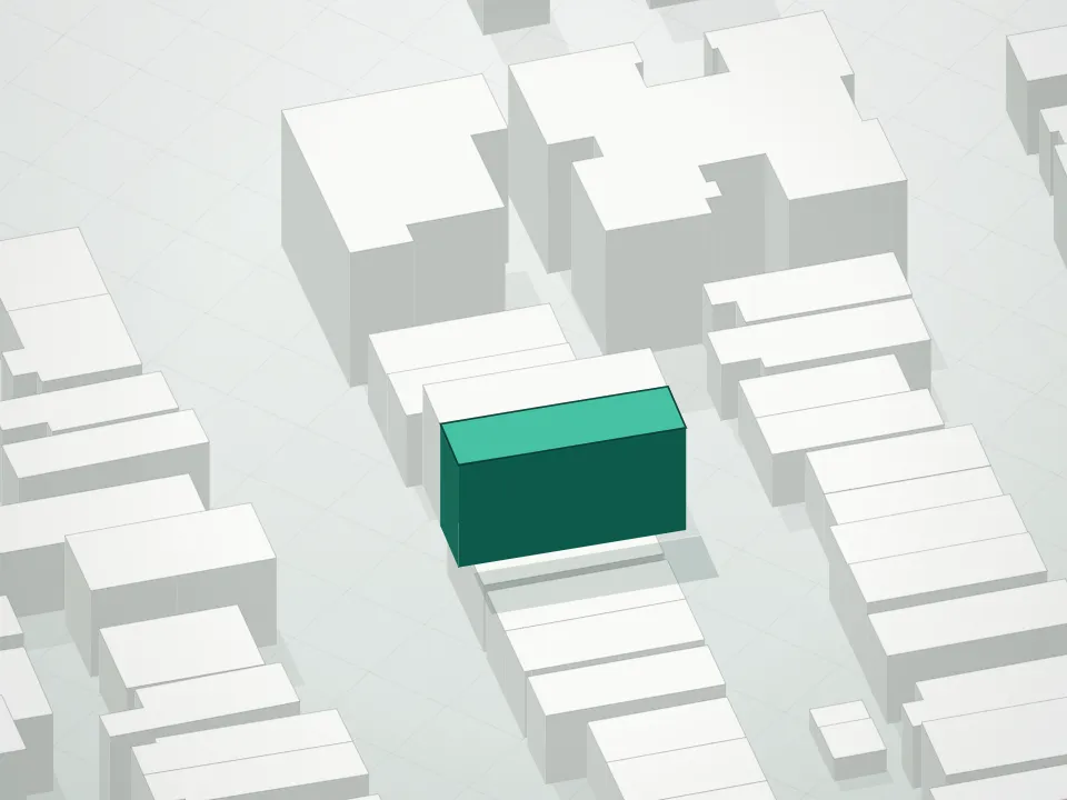 3D massing drawing of 1423 57th Street Condominium and neighboring buildings