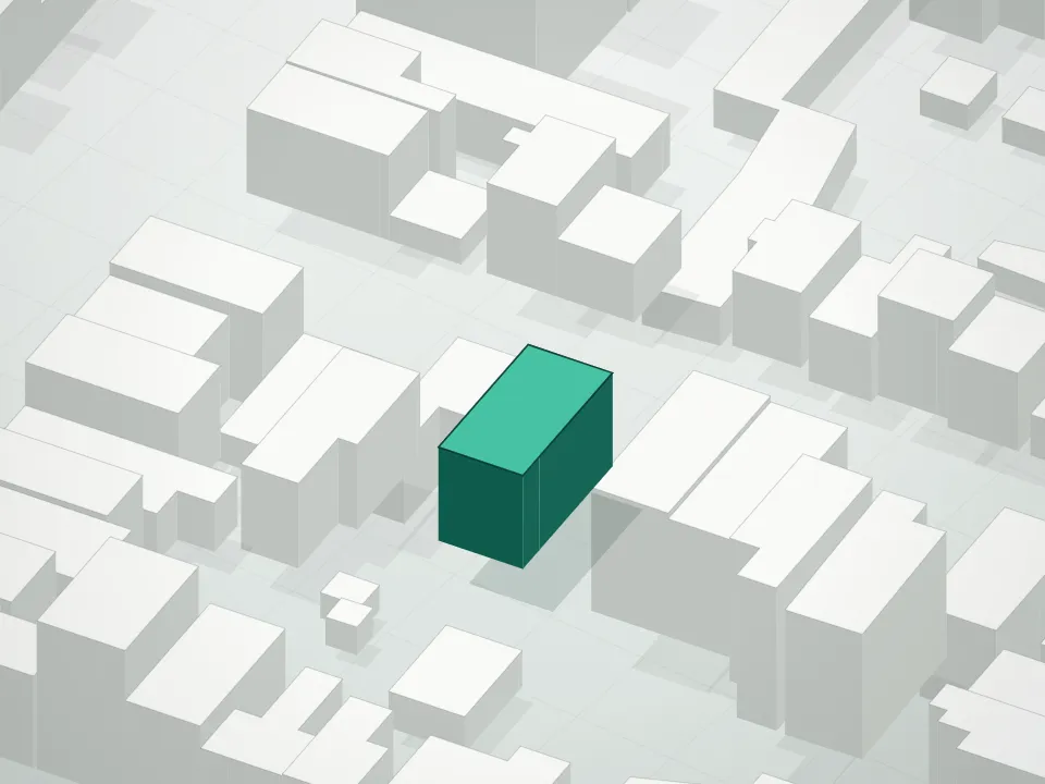 3D massing drawing of 176 Frost Street Condominium and neighboring buildings