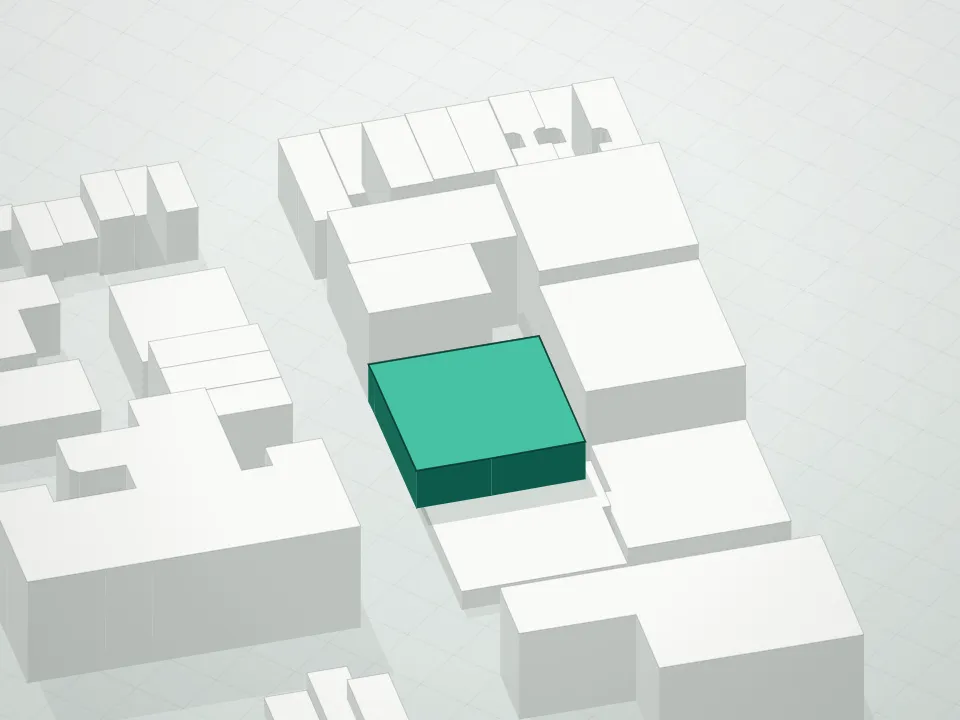 3D massing drawing of Timberburg Condominium and neighboring buildings
