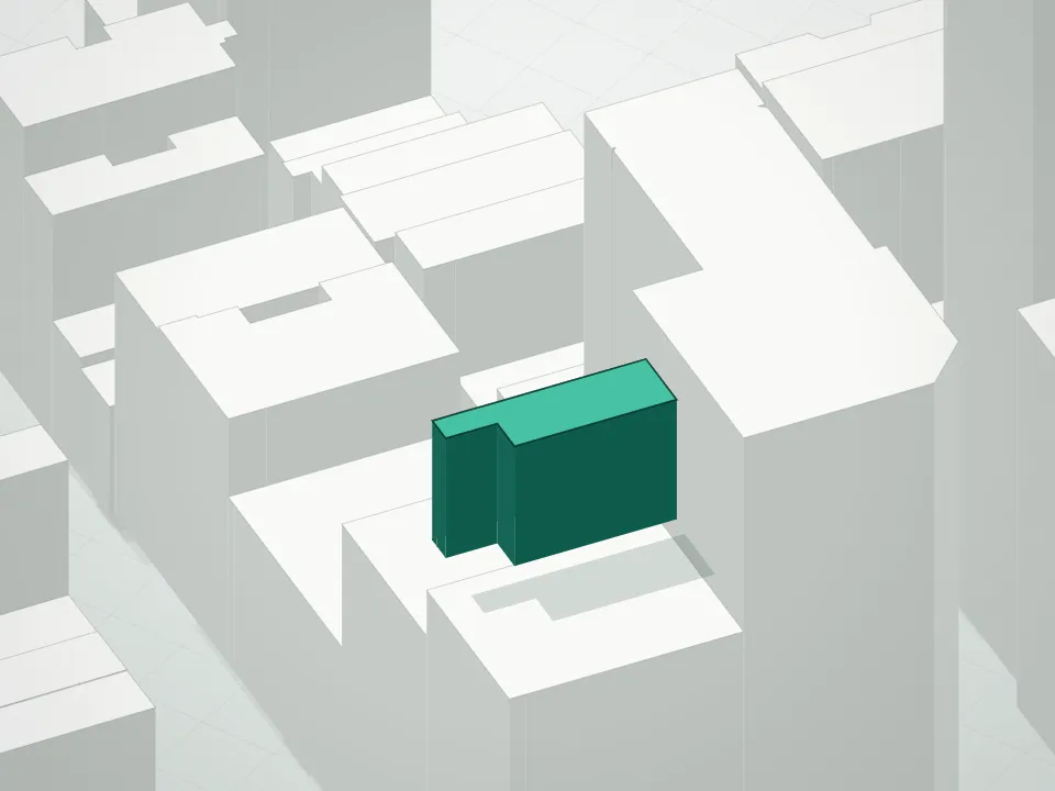 3D massing drawing of London Clay Townhouse and neighboring buildings