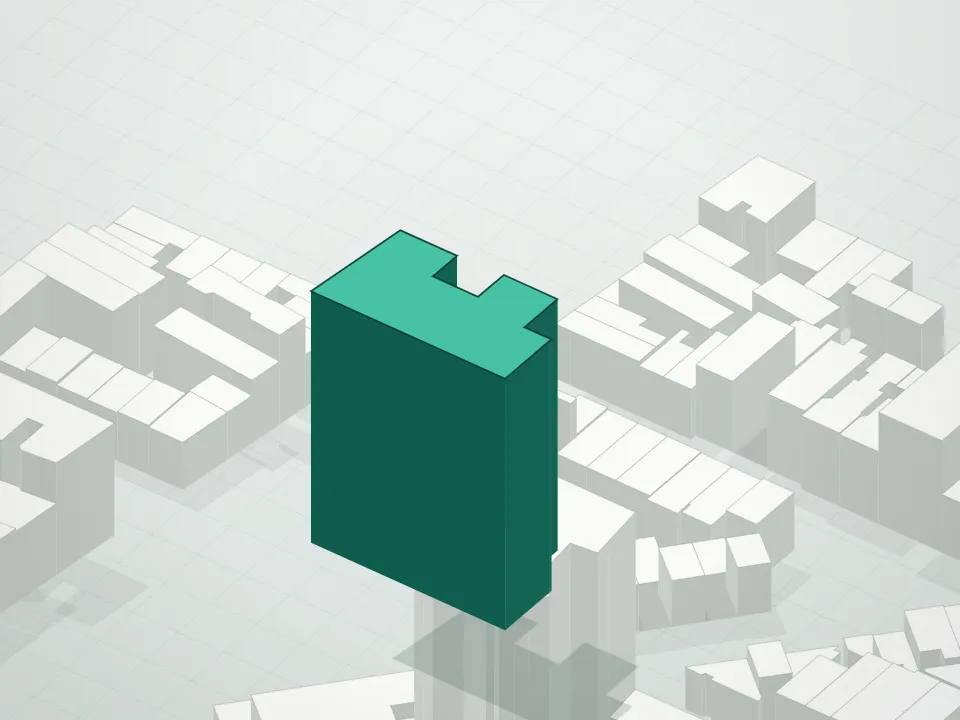 3D massing drawing of 299 W. 12th St. Condominium and neighboring buildings