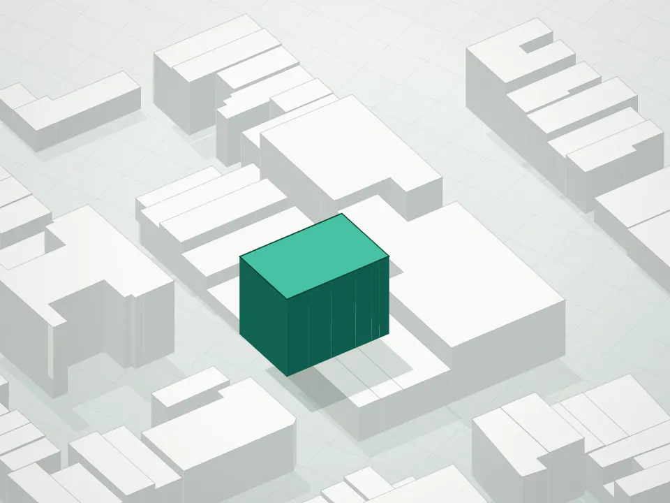 3D massing drawing of Parking Club and neighboring buildings