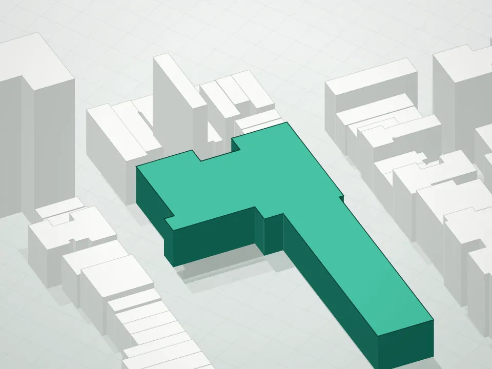 3D massing drawing of Concorde Condominium and neighboring buildings
