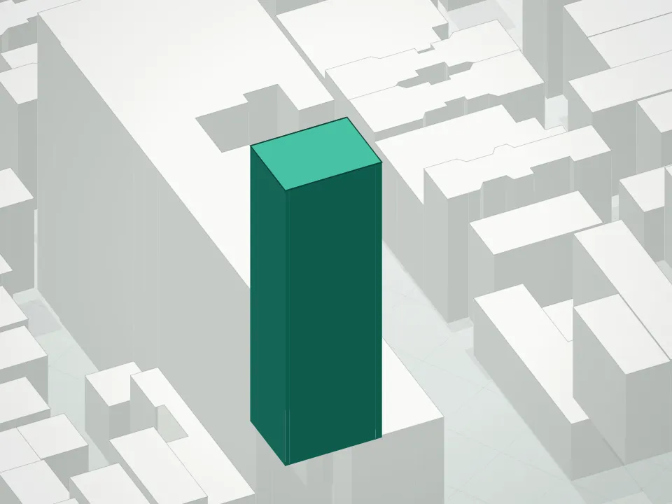 3D massing drawing of New Theatre Condominium and neighboring buildings