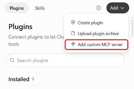 The Add menu, with Add custom MCP server