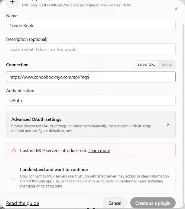 The custom MCP server form, filled in